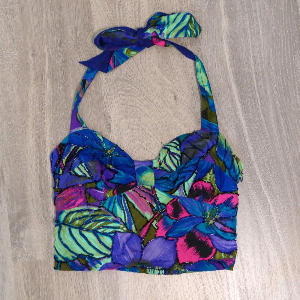 VTG Faith Y2K Tropical Floral Babydoll Halter Top Size S Beaded Artsy Resort